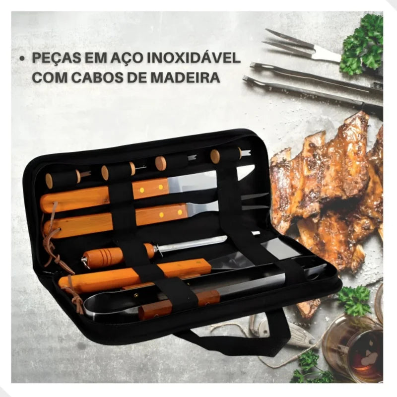 Kit Churrasco 9 Peças Inox Aço Inoxidável e Madeira com Estojo