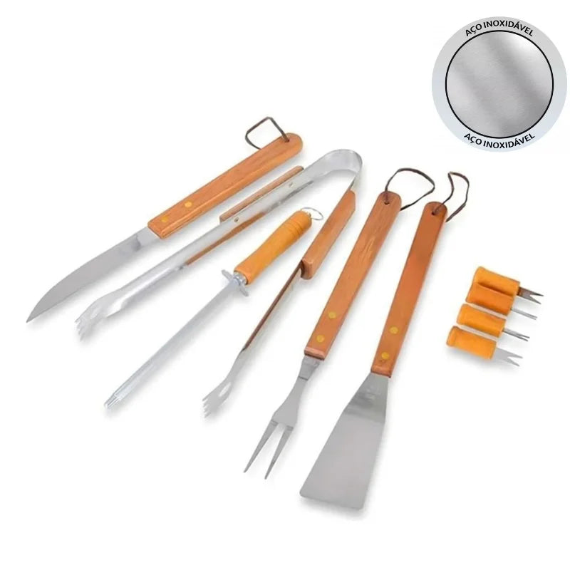 Kit Churrasco 9 Peças Inox Aço Inoxidável e Madeira com Estojo