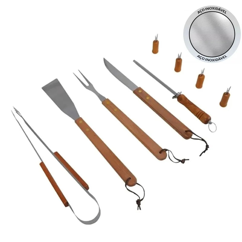 Kit Churrasco 9 Peças Inox Aço Inoxidável e Madeira com Estojo