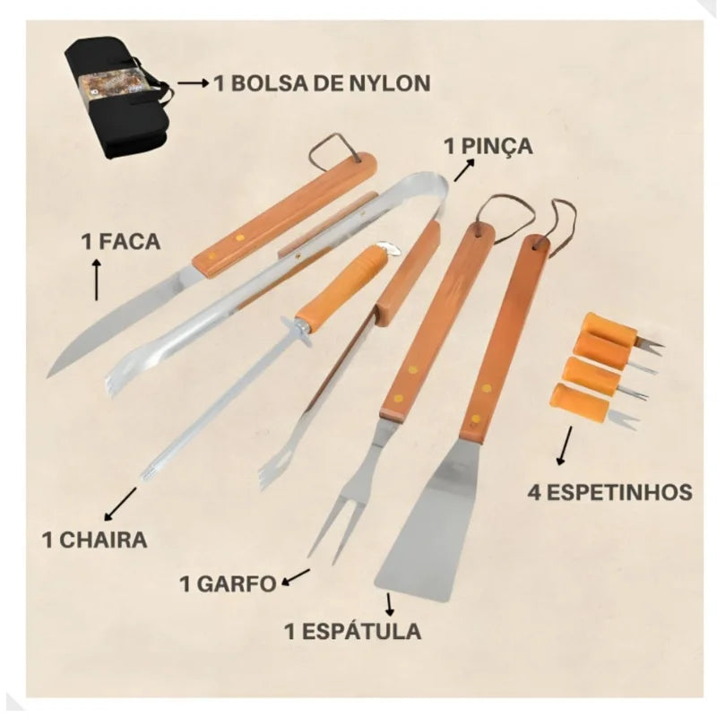 Kit Churrasco 9 Peças Inox Aço Inoxidável e Madeira com Estojo